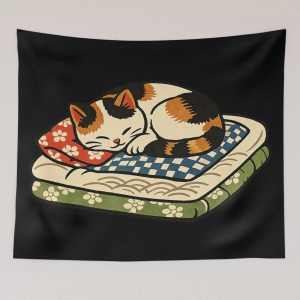 Item preview, Cute Sleeping Calico Cat on Traditional Japanese Cushion designed and sold by optimusprime39.
