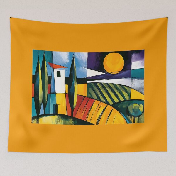 Item preview, Tuscan Light Reimagined- Rolling Fields White Villa and Golden Sun in Bold Abstract Landscape Vision designed and sold by OlfactoART Studio.