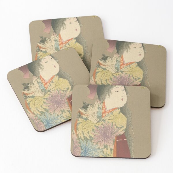 Item preview, Vintage Meiji Era Ukiyo-e: Beautiful Girl in Kimono with a Kitten and Butterflies designed and sold by vekotpu.