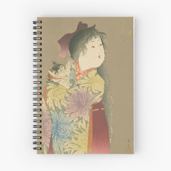 Item preview, Vintage Meiji Era Ukiyo-e: Beautiful Girl in Kimono with a Kitten and Butterflies designed and sold by vekotpu.