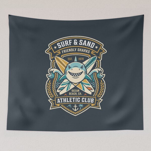 Item preview, Retro Surf & Sand Friendly Sharks Ocean Beach Athletic Club Design designed and sold by SplashTastic.