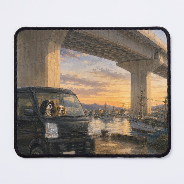 Item preview, Cavalier King Charles Spaniel Sunset Harbor Road Trip – Cozy Van Life with Choco and Milk Watercolor Art designed and sold by SakuraWaStyle.