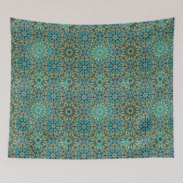 Item preview, Arabesque Geometric Moroccan Zellige Tile Mosaic in Blue and Yellow designed and sold by SplashTastic.