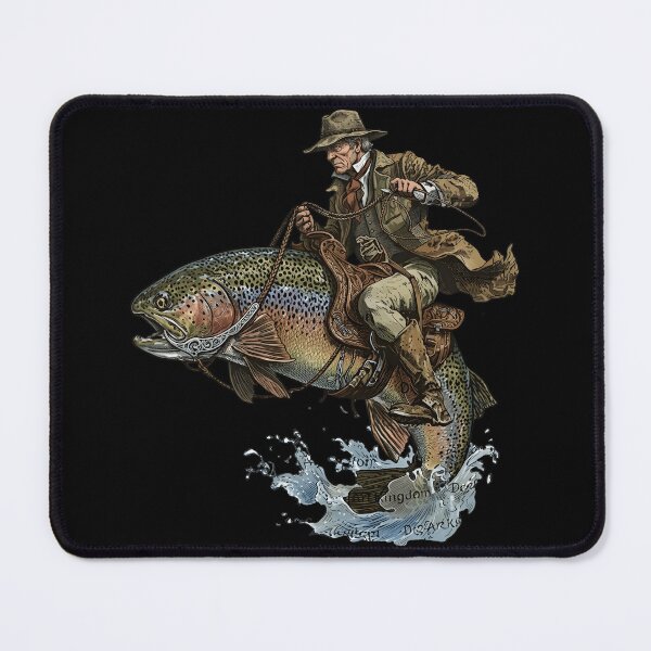 Item preview, Cowboy Riding Rainbow Trout Vintage Fishing Surreal Graphic designed and sold by PamfilOancea.