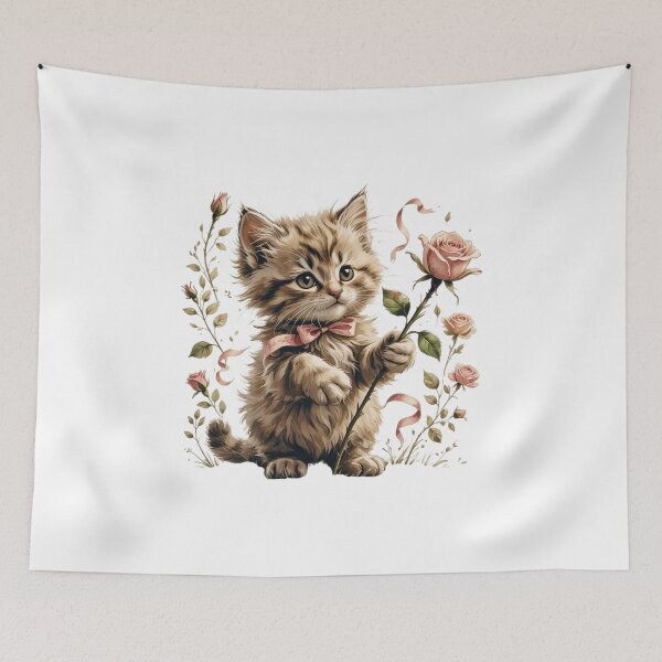 Item preview, Cute Woodland Kitten Flower Illustration designed and sold by AQUILAKREO.