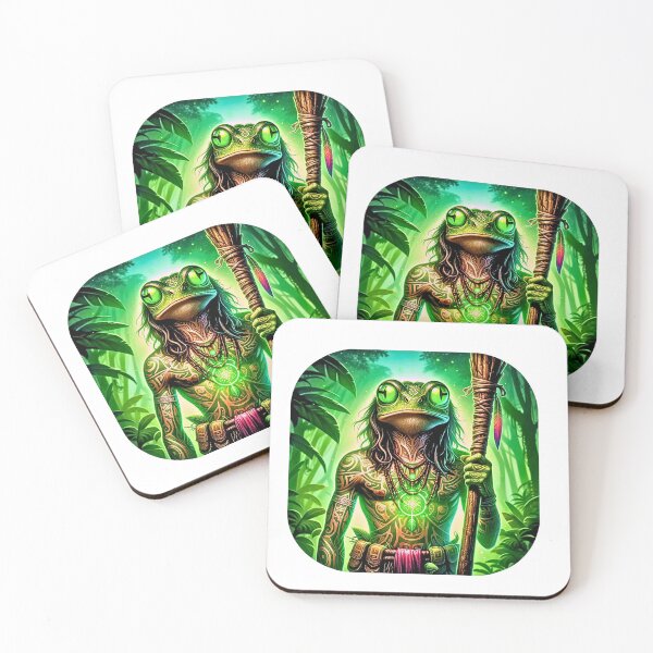 Item preview, Shamanic Frog Warrior - Tribal Jungle Mystic with Staff & Green Energy designed and sold by PrimalBeastLab.