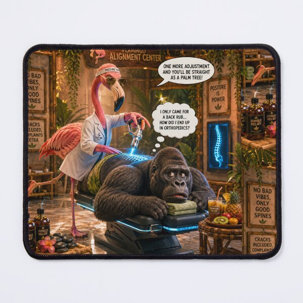 Item preview, Funny Flamingo Chiropractor Gorilla Jungle Spa Comedy Poster designed and sold by SoftAuraStudi0.