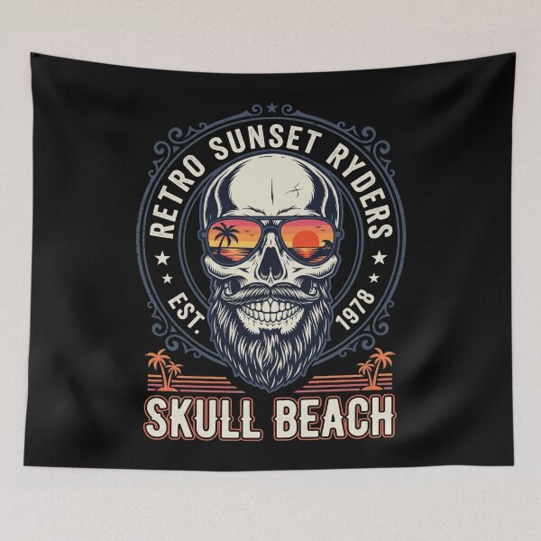 Item preview, Retro Sunset Ryders Bearded Skull Beach designed and sold by seven things shop.