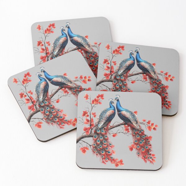 Item preview, Exotic peacock on a branch with red flowers designed and sold by Art-spree.