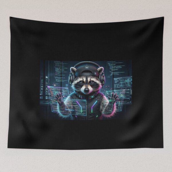 Item preview, Cyber Raccoon Hacker: Neon Techwear Edition designed and sold by Wild Hare.