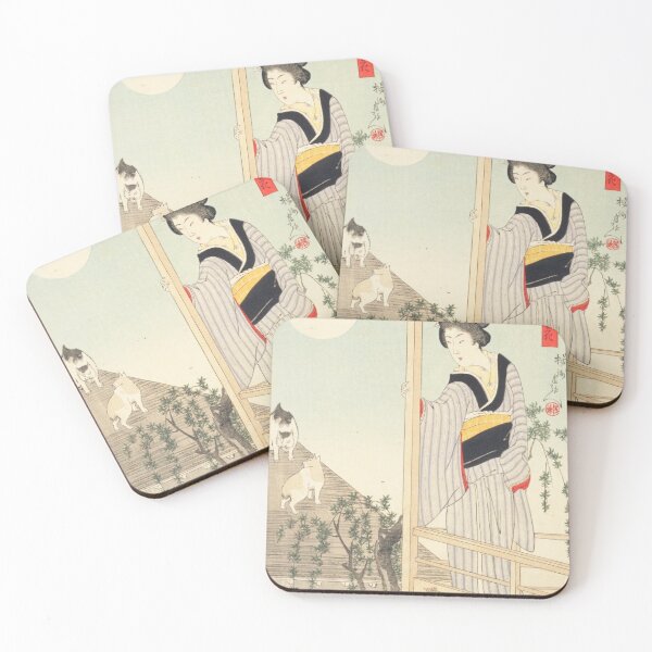 Item preview, Vintage Japanese Ukiyo-e Full Moon Art: Elegant Woman and Cats designed and sold by vekotpu.