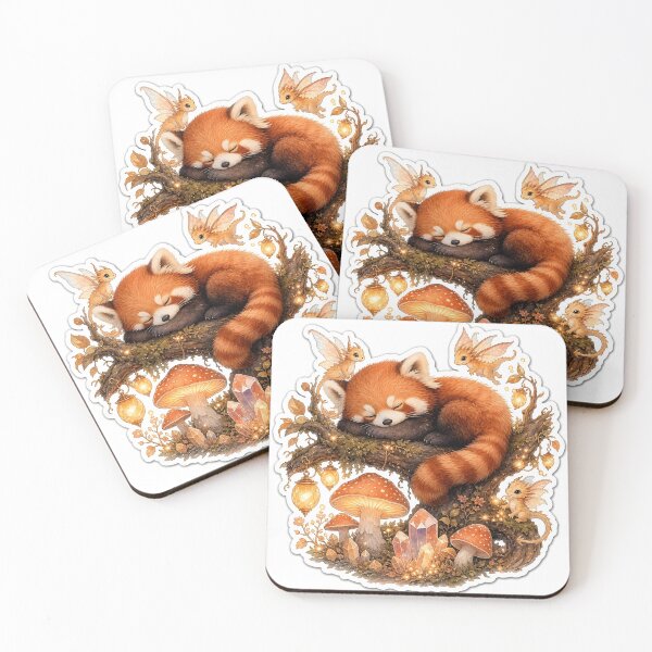Item preview, A cozy fantasy scene shows a small red panda with fluffy fur sleeping on a thick branch above a glowing enchanted forest designed and sold by CozyAnimalArt.
