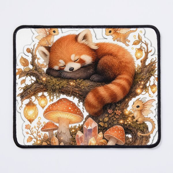 Item preview, A cozy fantasy scene shows a small red panda with fluffy fur sleeping on a thick branch above a glowing enchanted forest designed and sold by CozyAnimalArt.
