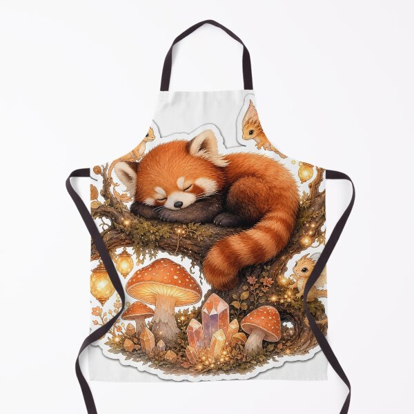 Item preview, A cozy fantasy scene shows a small red panda with fluffy fur sleeping on a thick branch above a glowing enchanted forest designed and sold by CozyAnimalArt.