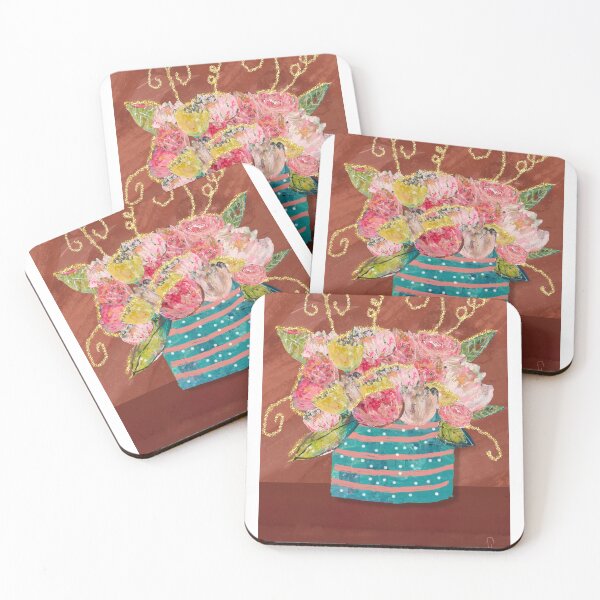 Item preview, Whimsical Floral Still Life – Teal Stripes and Pink Polka Dot Pot designed and sold by artbydonyale.