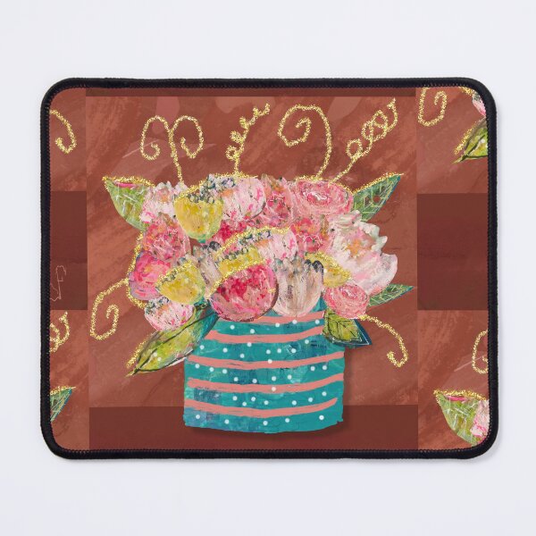 Item preview, Whimsical Floral Still Life – Teal Stripes and Pink Polka Dot Pot designed and sold by artbydonyale.