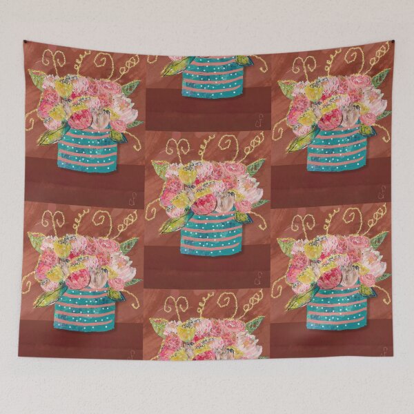 Item preview, Whimsical Floral Still Life – Teal Stripes and Pink Polka Dot Pot designed and sold by artbydonyale.