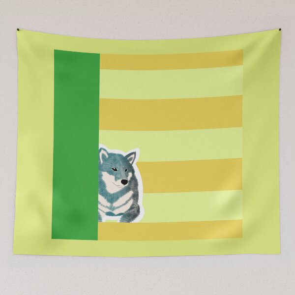 Item preview, 80's vibes colors (yellow, green) with blue Shiba Inu designed and sold by ShibaCruise-On.