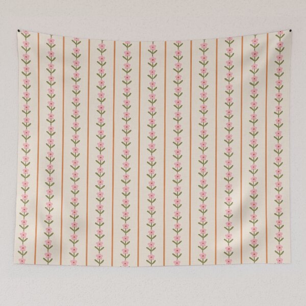 Item preview, Retro folk floral stripe | Pink and green cottagecore designed and sold by Illustrated by Nat.