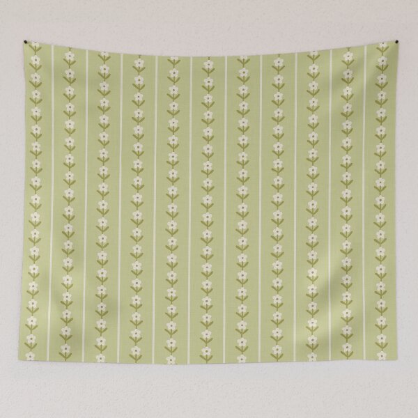 Item preview, Retro folk floral stripe | Pistachio green cottagecore designed and sold by Illustrated by Nat.