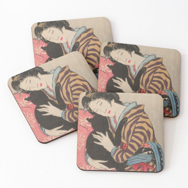 Item preview, Vintage Japanese Art Woman Hugging Black Cat - Taisho Roman Kimono designed and sold by vekotpu.