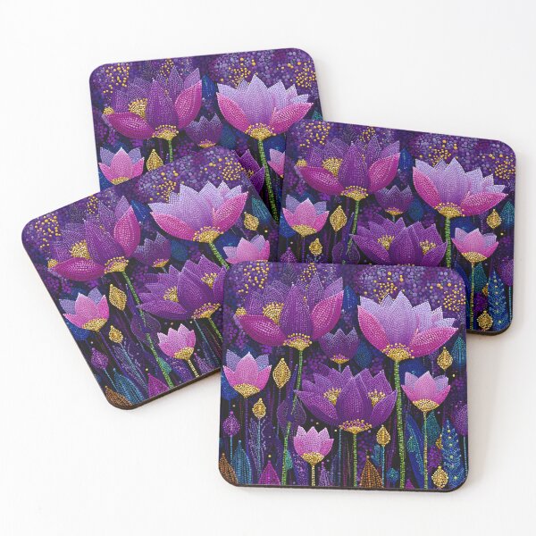 Item preview, Aboriginal Inspired Dot Art - Midnight Decorative Purple Blooming Flowers designed and sold by GrinGalore.