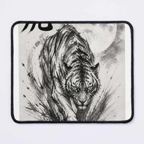 Item preview, Japanese Tiger Sumi-e Ink Wash — Fierce Tora Moon Kanji Art White designed and sold by 一期一会製作所.