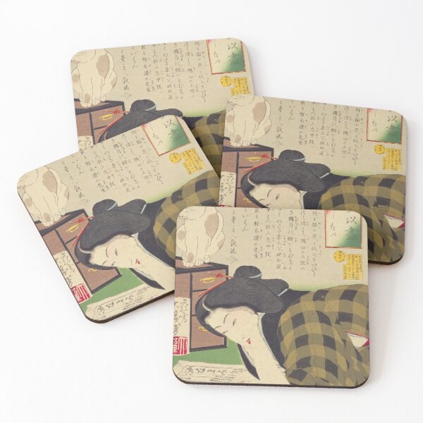 Item preview, Vintage Japanese Art Woman Reading Newspaper with Cat - Meiji Ukiyo-e designed and sold by vekotpu.