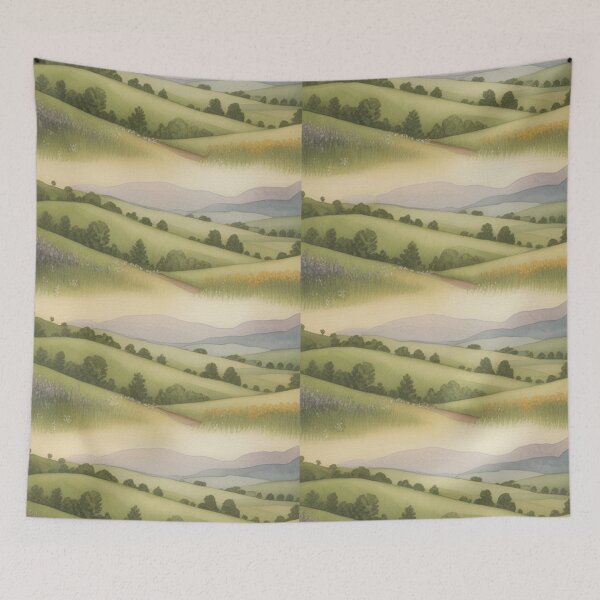 Item preview, Serene Rolling Hills Landscape Pattern | Watercolour Green Countryside Seamless Repeat designed and sold by Midnight Veil Designs.