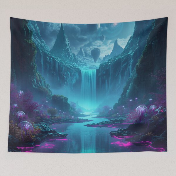 Item preview, Glowing Alien Waterfalls with Floating Mountains and Cosmic Galaxy Sky designed and sold by Luminous Wilds.