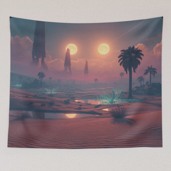 Item preview, Alien Desert Oasis with Floating Crystals and Twin Suns Landscape designed and sold by Luminous Wilds.