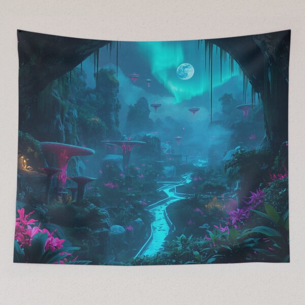 Item preview, Bioluminescent Alien Jungle with Floating Islands and Giant Moon Sky designed and sold by Luminous Wilds.