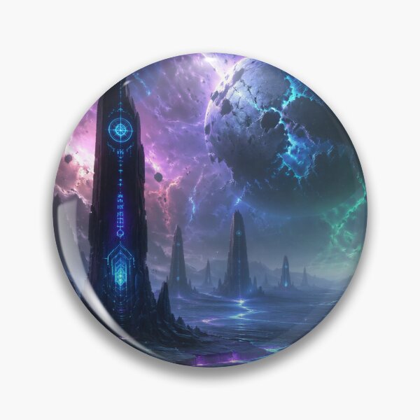 Item preview, Alien Wasteland Landscape with Glowing Monoliths and Shattered Planets designed and sold by Luminous Wilds.