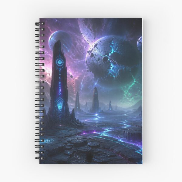 Item preview, Alien Wasteland Landscape with Glowing Monoliths and Shattered Planets designed and sold by Luminous Wilds.