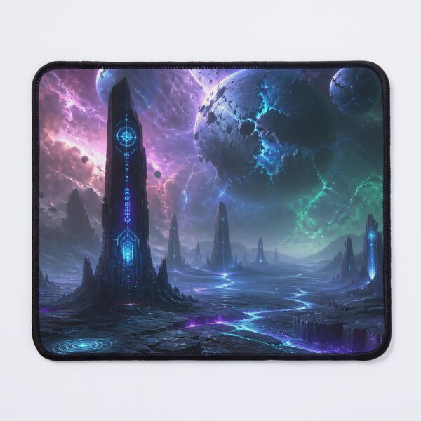 Item preview, Alien Wasteland Landscape with Glowing Monoliths and Shattered Planets designed and sold by Luminous Wilds.