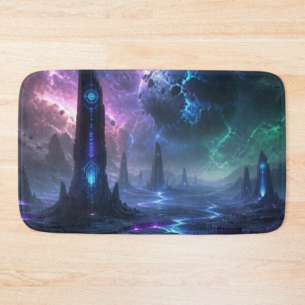 Item preview, Alien Wasteland Landscape with Glowing Monoliths and Shattered Planets designed and sold by Luminous Wilds.