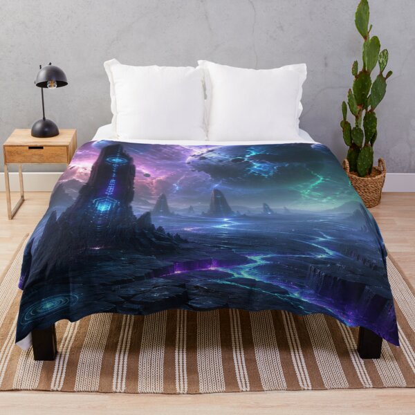 Item preview, Alien Wasteland Landscape with Glowing Monoliths and Shattered Planets designed and sold by Luminous Wilds.
