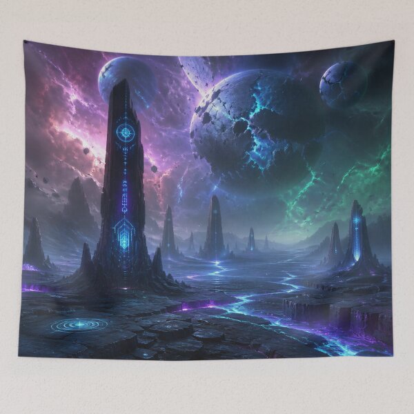 Item preview, Alien Wasteland Landscape with Glowing Monoliths and Shattered Planets designed and sold by Luminous Wilds.