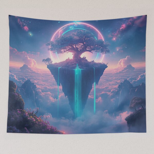 Item preview, Floating Island Fantasy Landscape with Glowing Waterfalls and Celestial Rings designed and sold by Luminous Wilds.