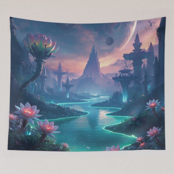 Item preview, Alien Botanical Landscape with Glowing Flowers and Floating Mountain Sky designed and sold by Luminous Wilds.