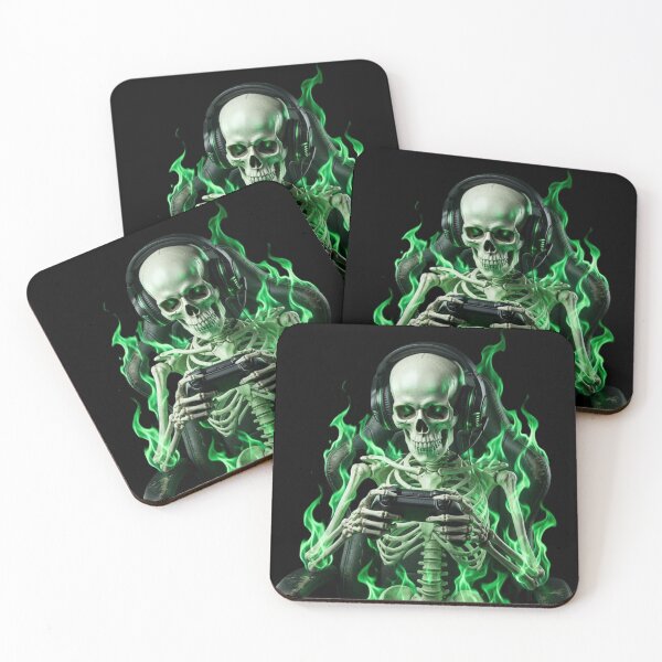 Item preview, Skeleton Gamer in Green Flames | Spooky Gaming Skeleton Art designed and sold by SkeletonMood.