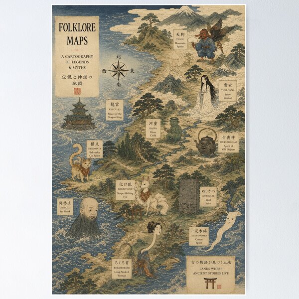 Item preview, Japanese Folklore Map Ukiyo-e Yokai Mythology Art Print designed and sold by Vandy Fullam.