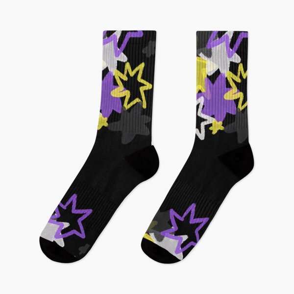 Item preview, Non-Binary Starry Pride Flag Art | Yellow, Gray, Purple and White Star Burst Design in Black Background designed and sold by ghostieking.