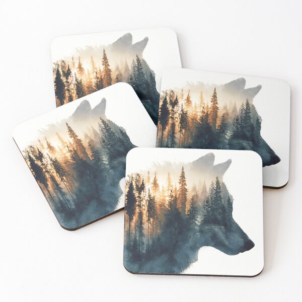 Item preview, Double exposure silhouette of a wolf, inside the silhouette is a misty pine forest at sunrise designed and sold by wallpapersarts.