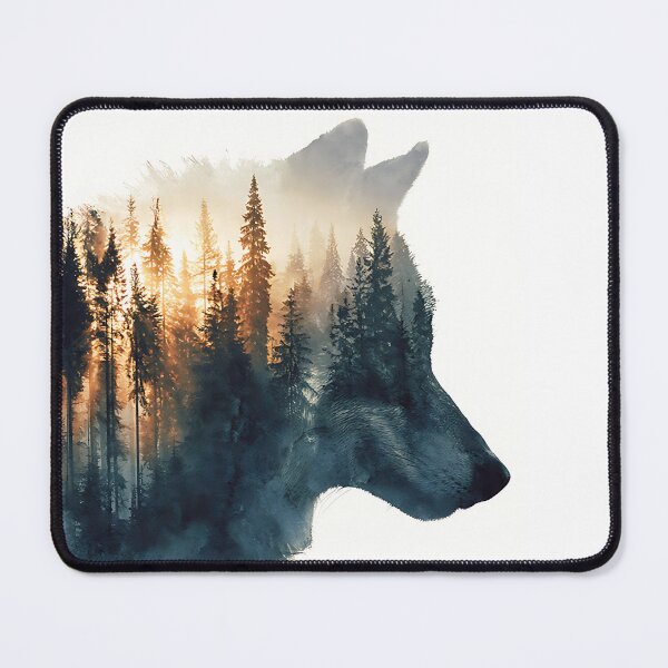 Item preview, Double exposure silhouette of a wolf, inside the silhouette is a misty pine forest at sunrise designed and sold by wallpapersarts.