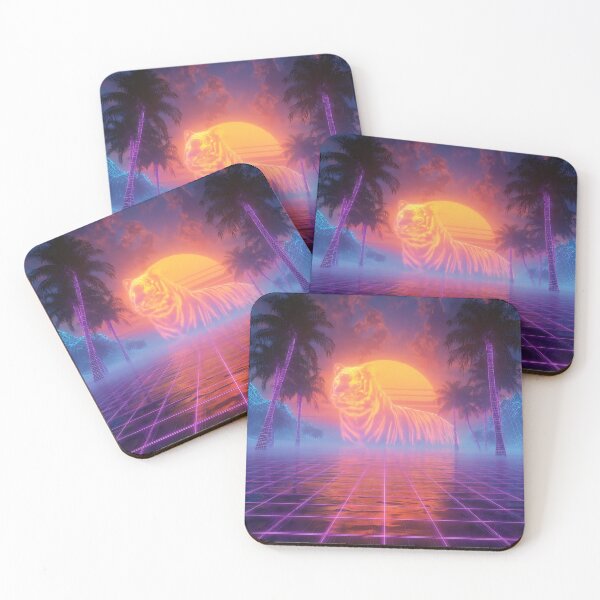 Item preview, 80s retrowave sunset over a neon grid ocean with neon tiger designed and sold by wallpapersarts.