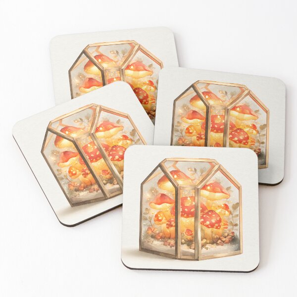 Item preview, glowing red and gold mushrooms inside a glass terrarium designed and sold by wallpapersarts.