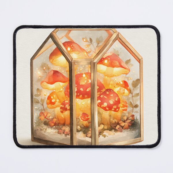 Item preview, glowing red and gold mushrooms inside a glass terrarium designed and sold by wallpapersarts.