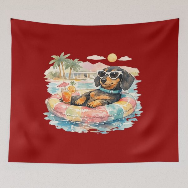 Item preview, Dachshund Relaxing In Pool Float With Cocktail Watercolor  designed and sold by BoldandTako.