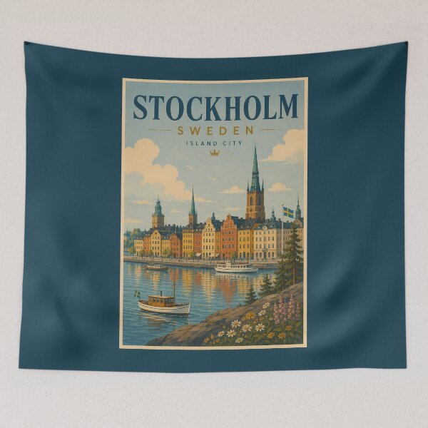 Item preview, Stockholm Sweden Skyline Illustration Travel Art Vintage designed and sold by KrisSidDesigns.